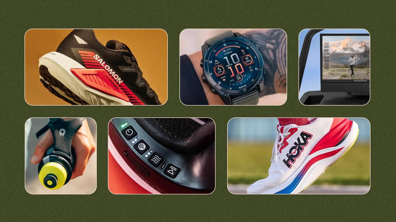 A grid of six rectangles against a forest green background with speckles. The rectangles include glimpses of lifestyle photos of running and fitness products launched in 2024