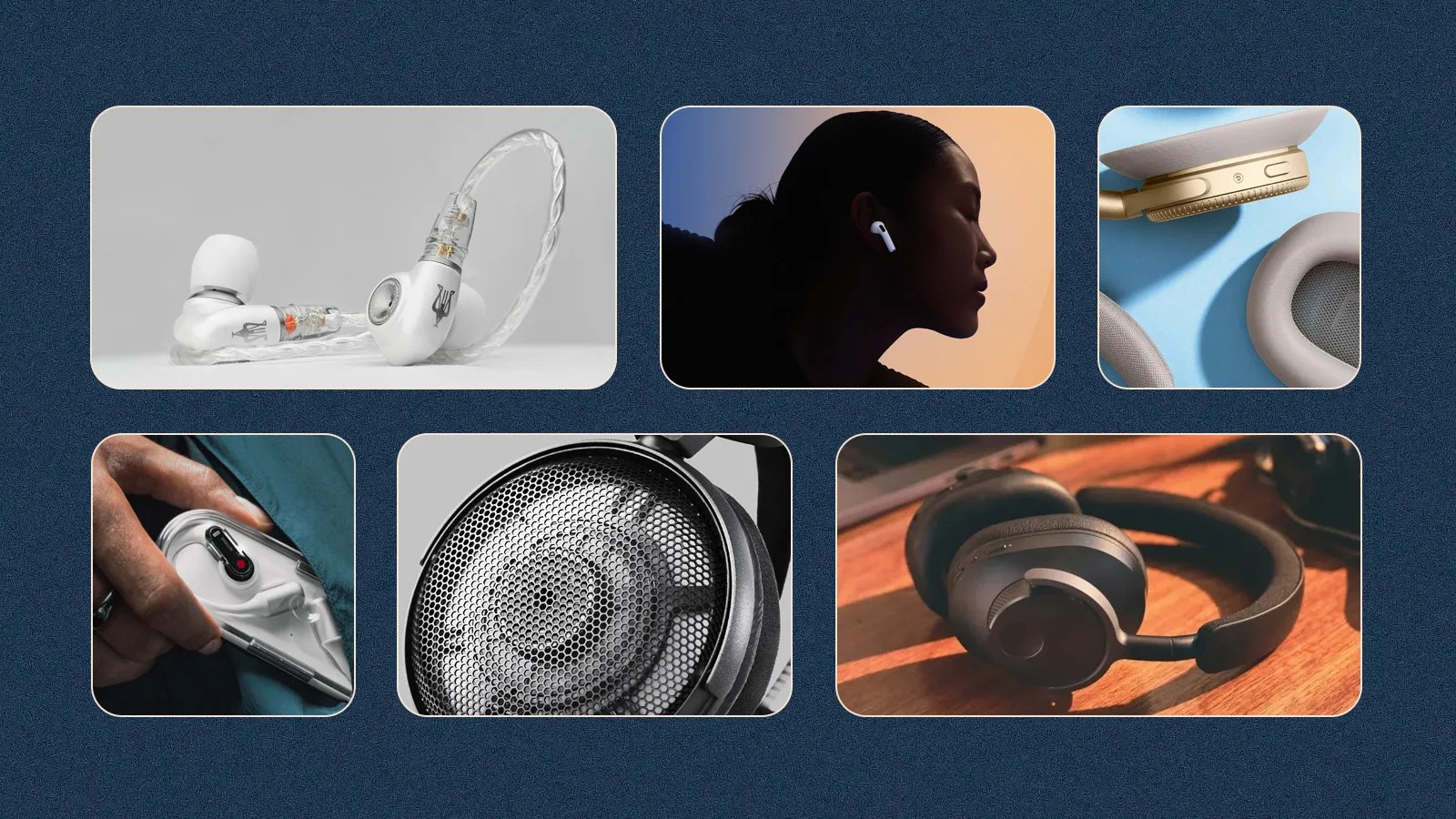 A grid of six rectangles against a dark blue background with speckles. The rectangles include glimpses of lifestyle photos of various headphone products that launched in 2024