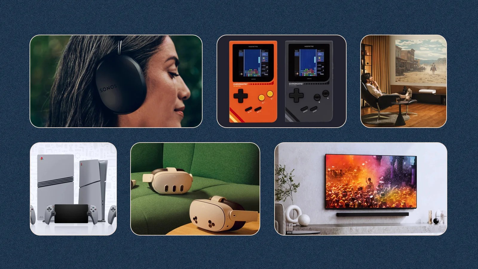 A grid of six rectangles against a dark blue background with speckles. The rectangles include glimpses of lifestyle photos of various home theater and gaming products released in 2024