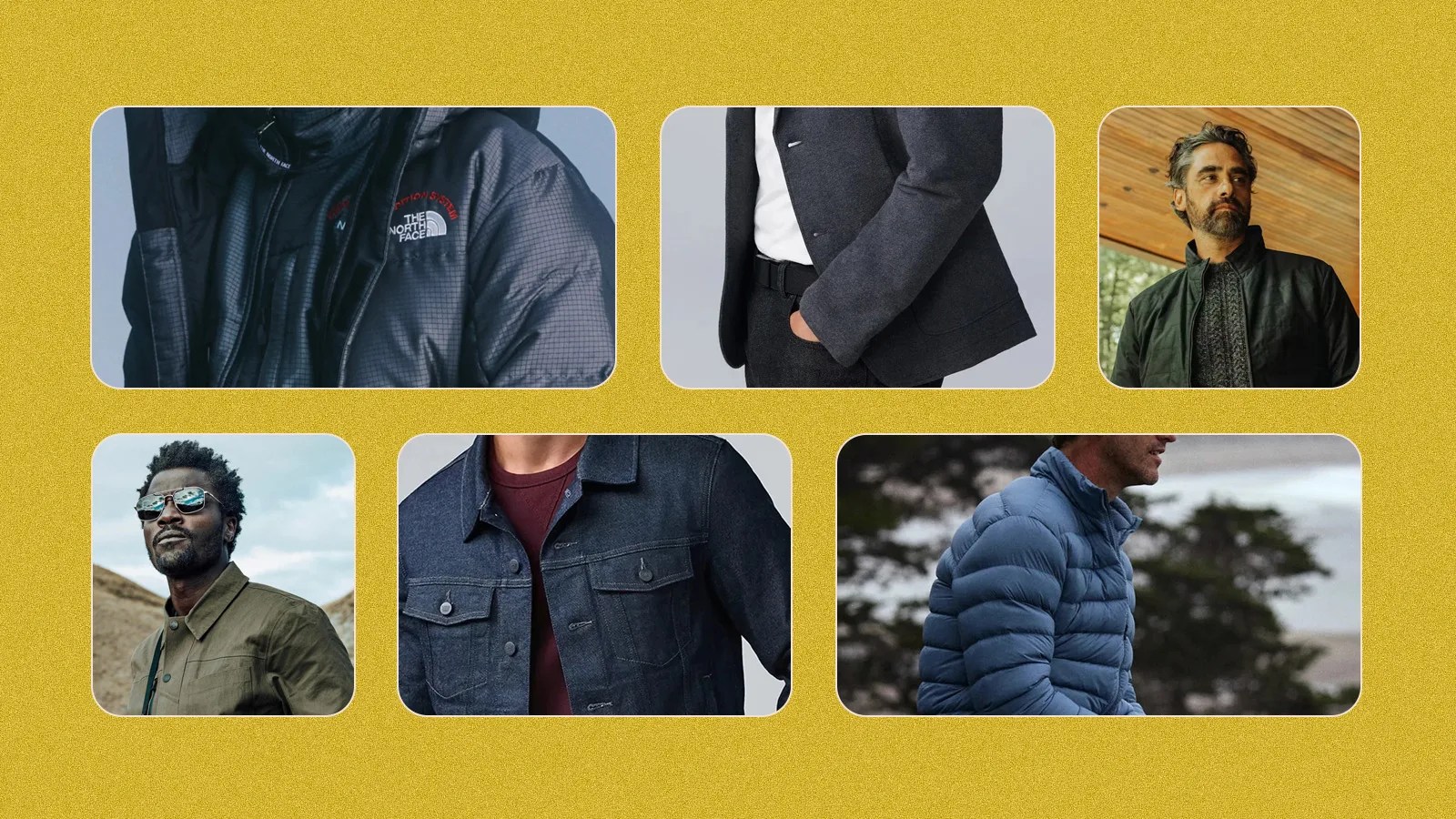 grid of six rectangles against a mustardy yellow background with speckles. The rectangles include glimpses of lifestyle photos of various jackets, sweaters and outerwear that launched in 2024