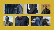 grid of six rectangles against a mustardy yellow background with speckles. The rectangles include glimpses of lifestyle photos of various jackets, sweaters and outerwear that launched in 2024