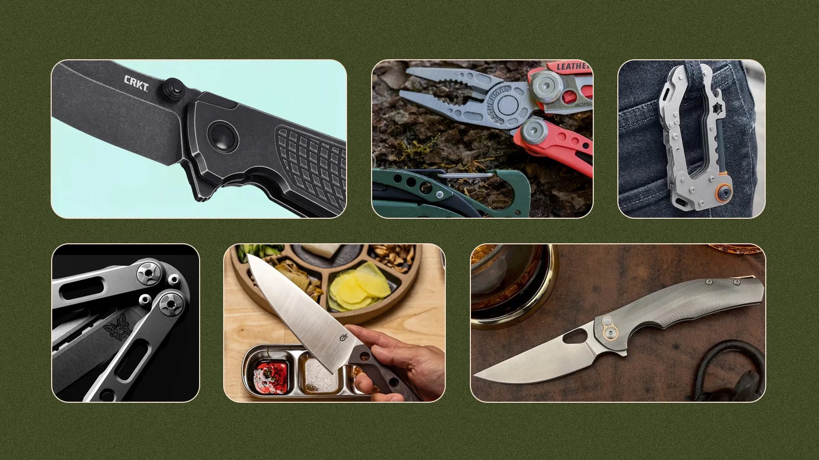 A grid of six rectangles against a dark olive green background with speckles. The rectangles include glimpses of lifestyle photos of various knives and multi-tools that launched in 2024