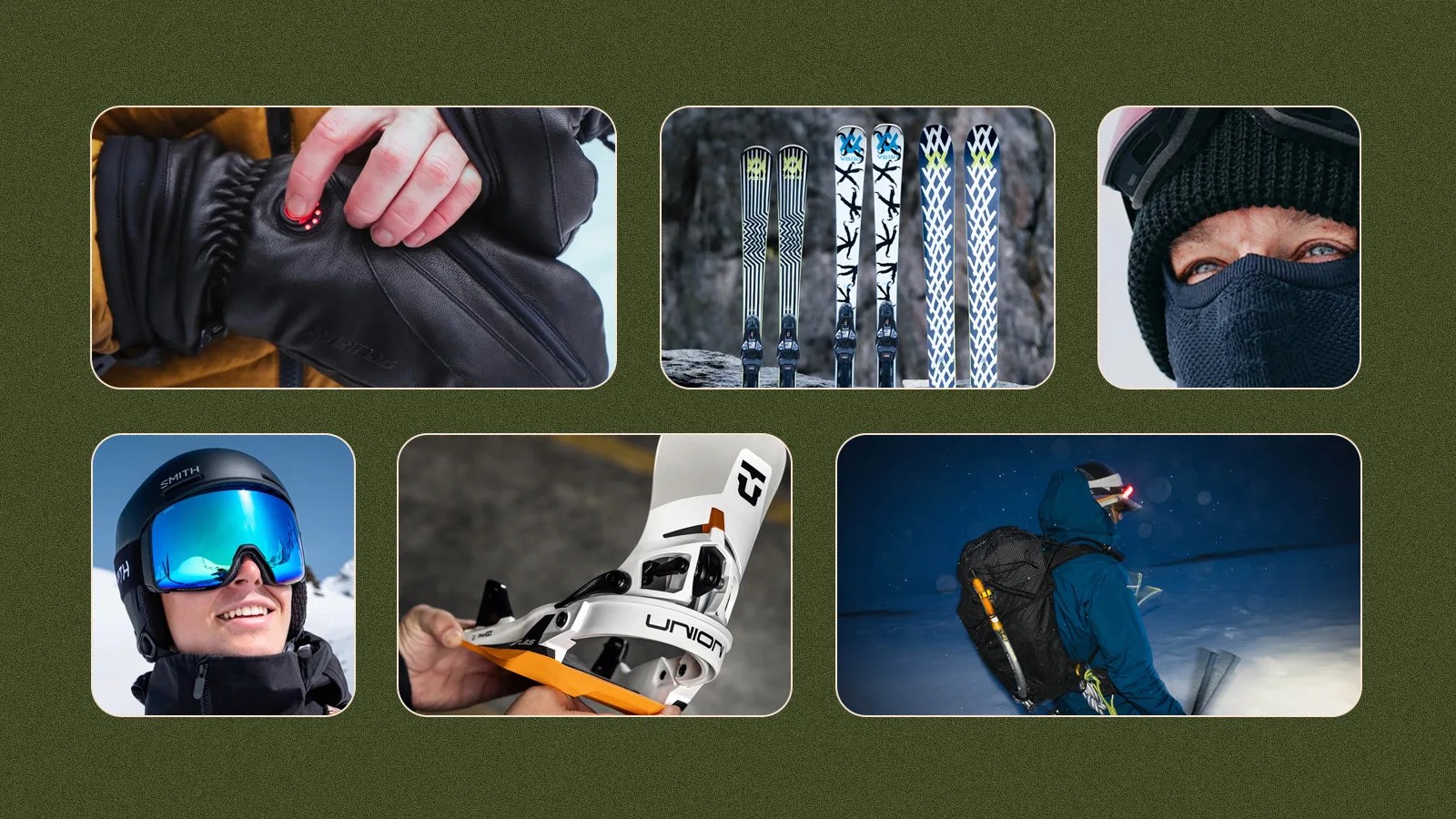 A grid of six rectangles with curved corners against a dark forest green background with speckles. The rectangles include glimpses of lifestyle photos of ski, snowboarding, jackets and other winter adventure products that launched in 2024