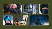 A grid of six rectangles with curved corners against a dark forest green background with speckles. The rectangles include glimpses of lifestyle photos of ski, snowboarding, jackets and other winter adventure products that launched in 2024