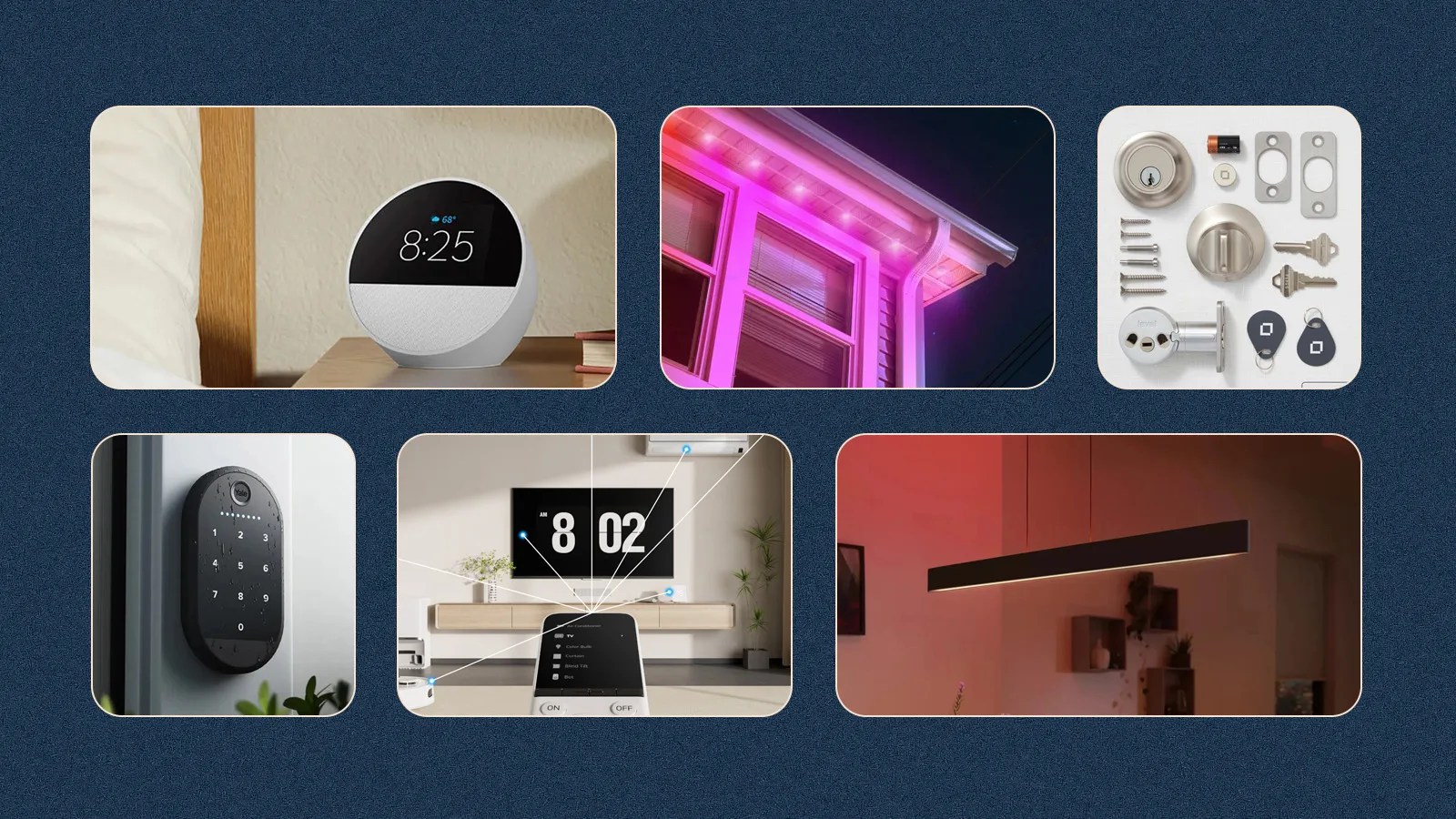 A grid of six rectangles against a dark blue background with speckles. The rectangles include glimpses of lifestyle photos of various smarthome products released in 2024