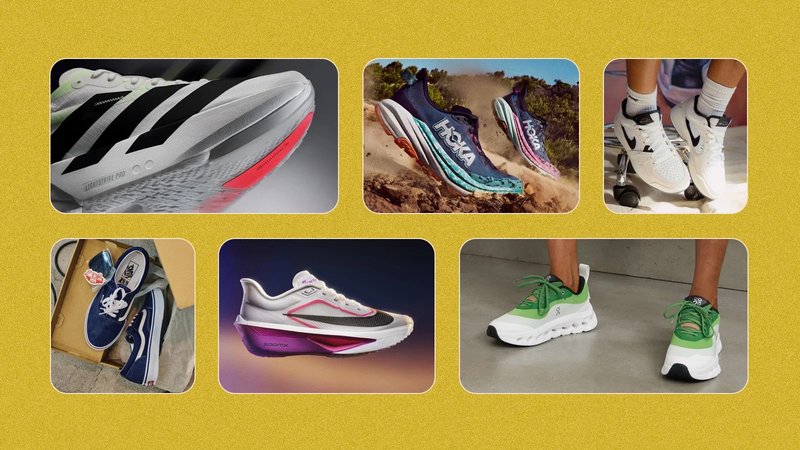 grid of six rectangles against a mustardy yellow background with speckles. The rectangles include glimpses of lifestyle photos of sneakers and running shoes that launched in 2024