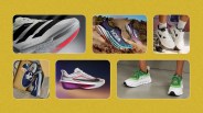 grid of six rectangles against a mustardy yellow background with speckles. The rectangles include glimpses of lifestyle photos of sneakers and running shoes that launched in 2024