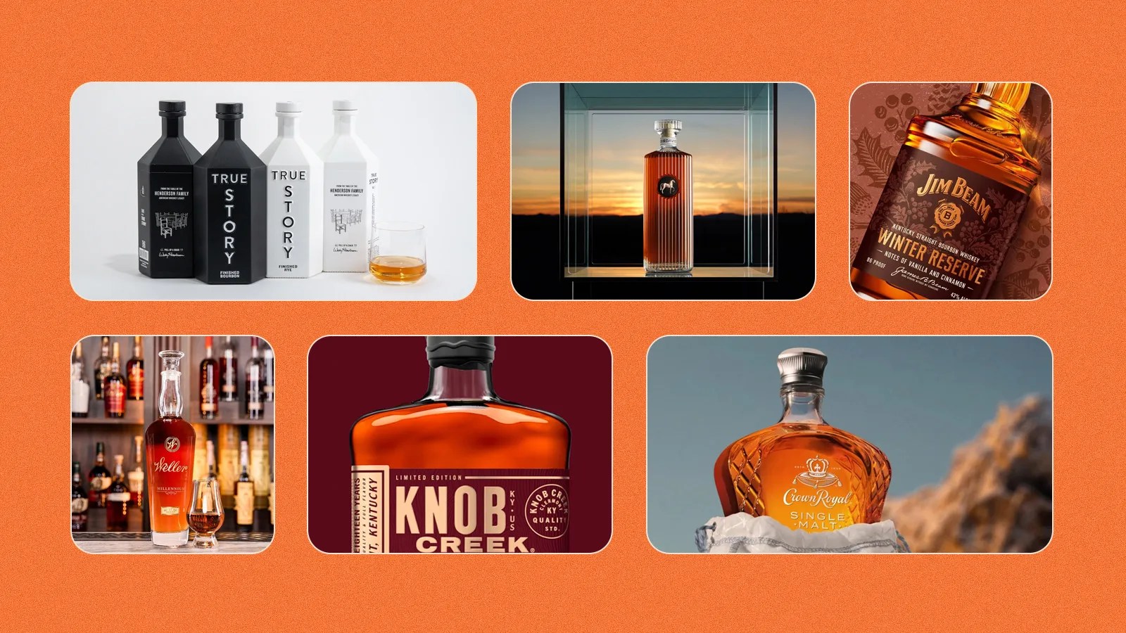 A grid of six rectangles with rounded corners of various shapes stacked in two rows on an orange background with speckles. The rectangles include glimpses of lifestyle photos of various new whiskies that launched in 2024