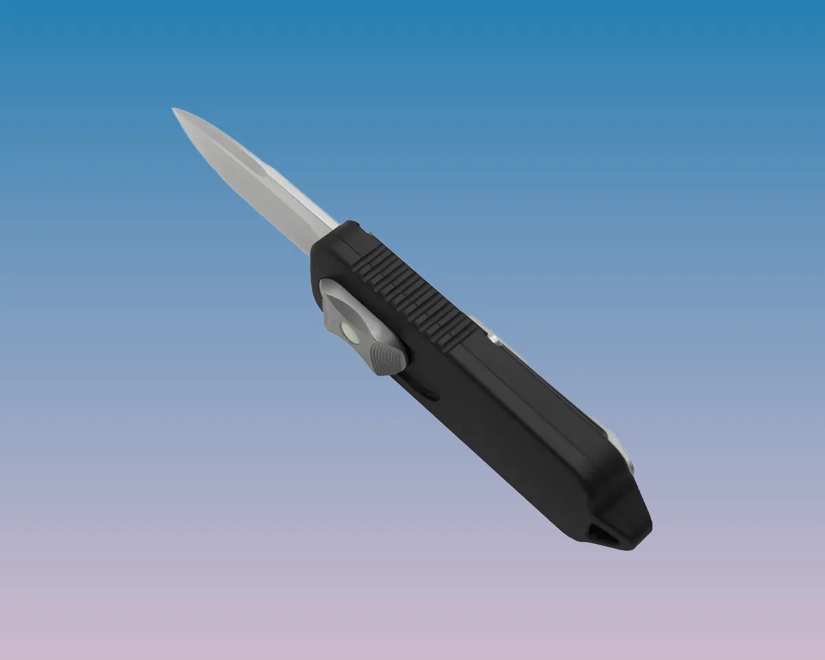 side of Terrain 365 x Prometheus Design Werx CAS OTF knife on blue-pink gradient background