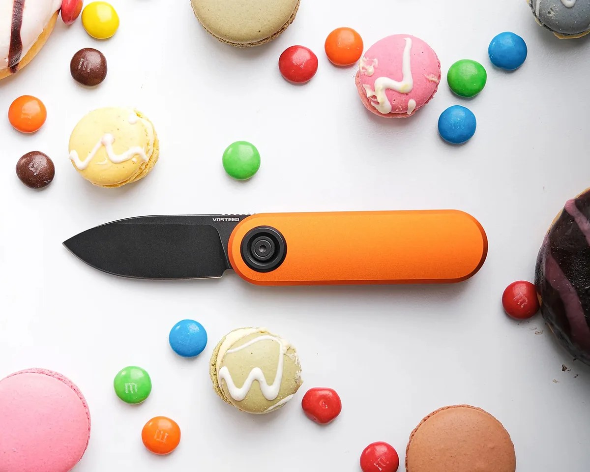 Vosteed Corgi V on white counter surrounded by chocolate candy and macarons