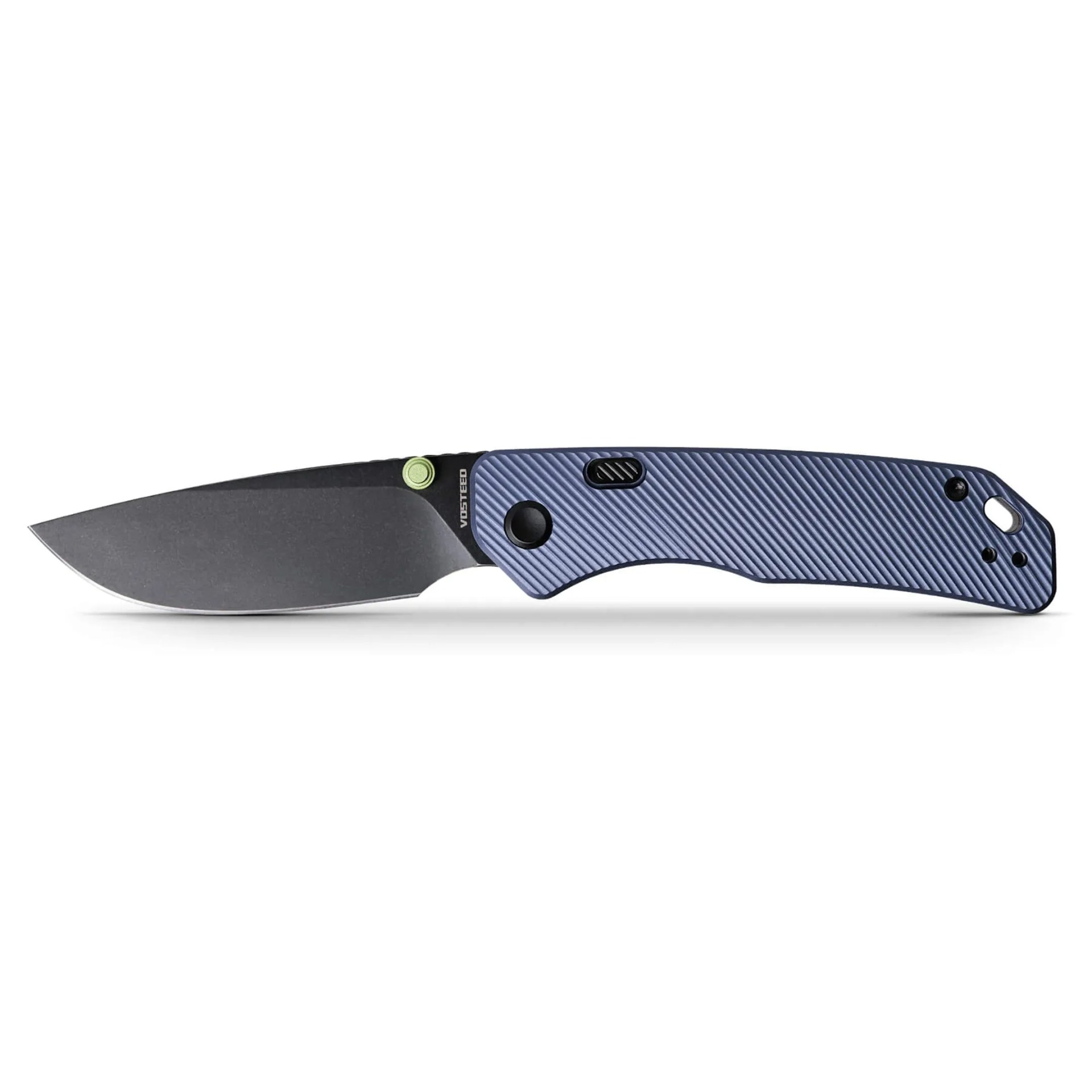 black and blue Vosteed Marten knife on white background