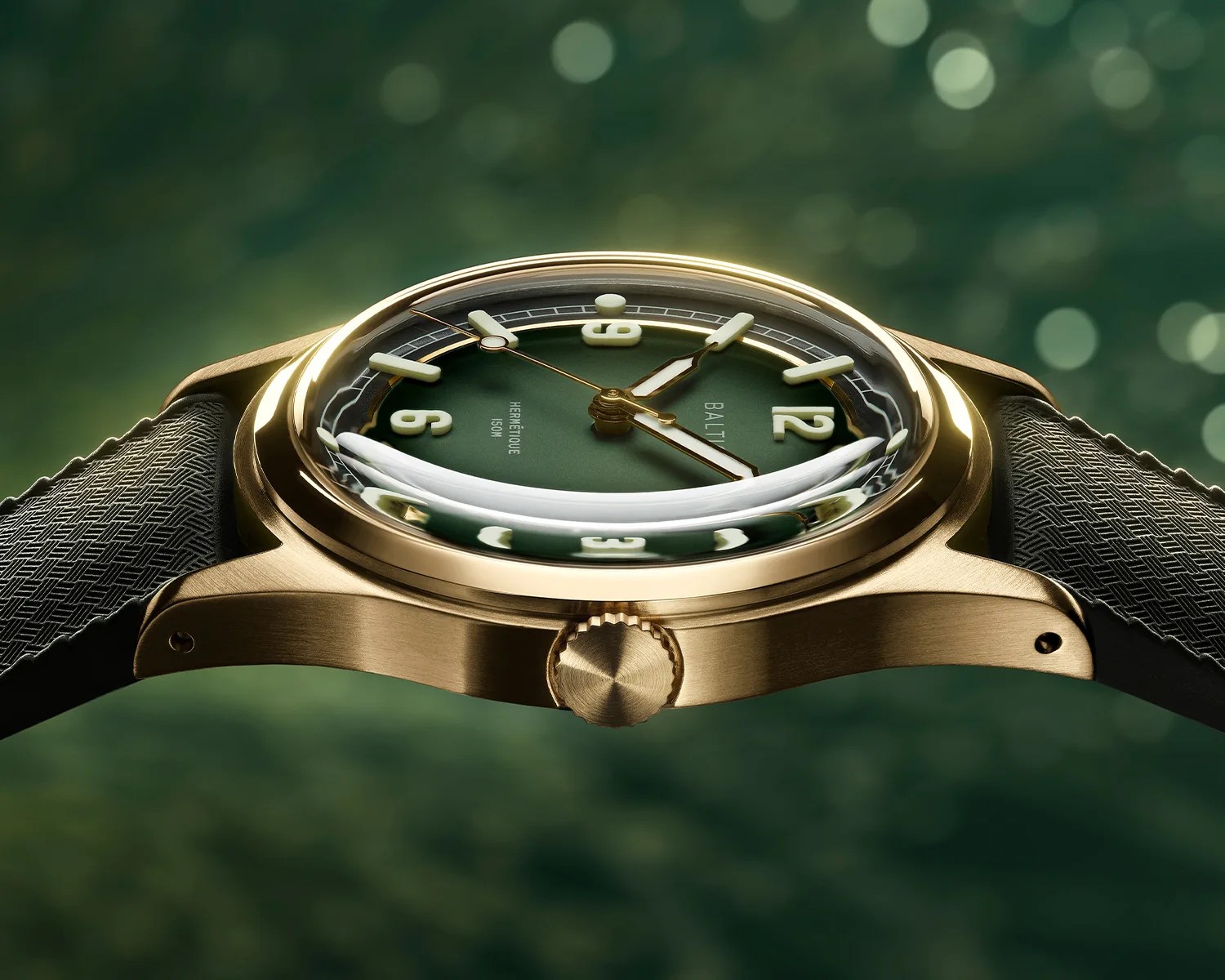 a bronze baltic field watch seen from the side