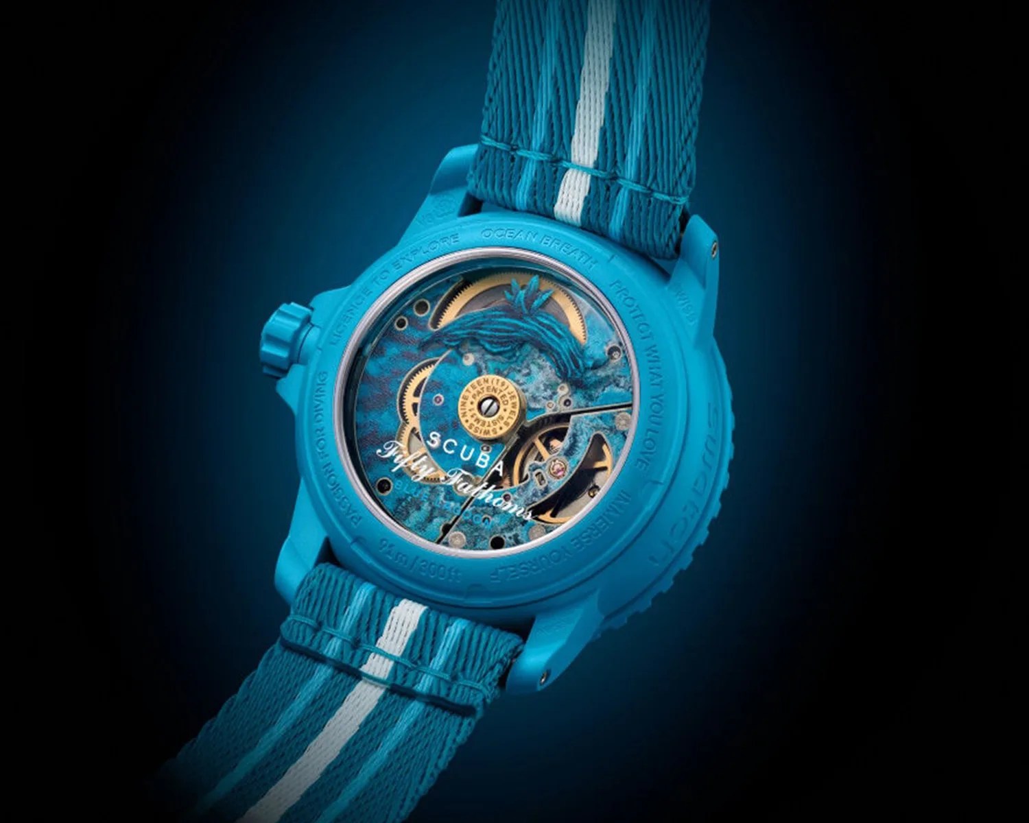 the caseback of a swatch x blancpain watch