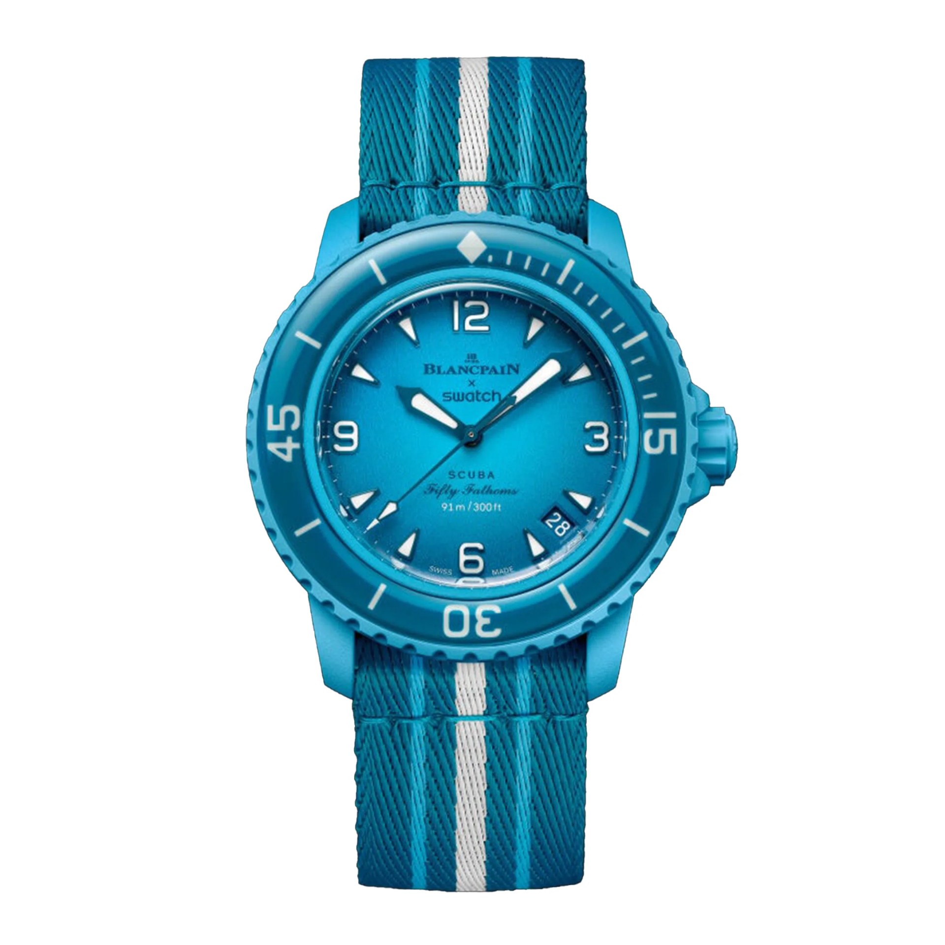 a blue swatch x blancpain dive watch