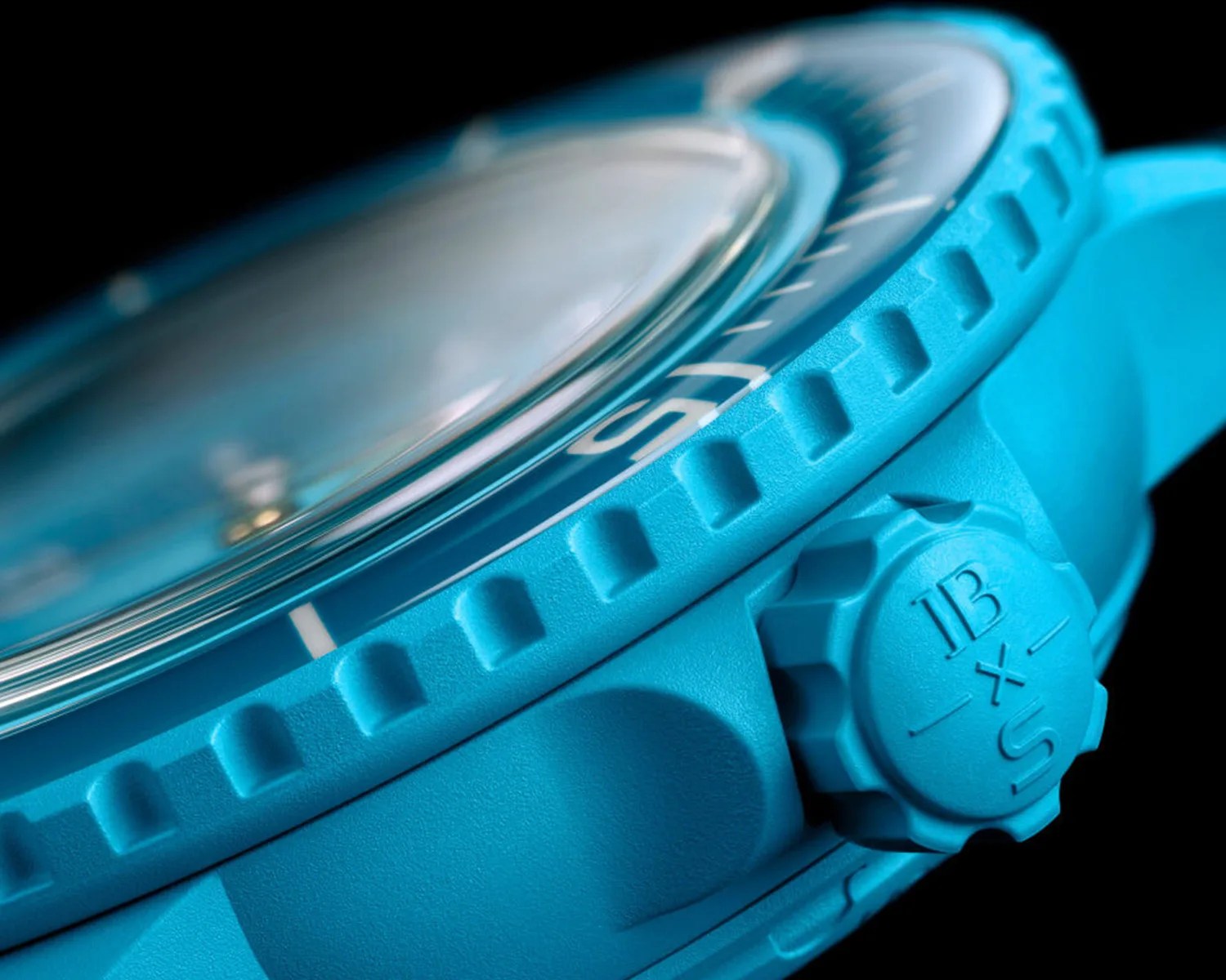 a blue swatch x blancpain watch crown
