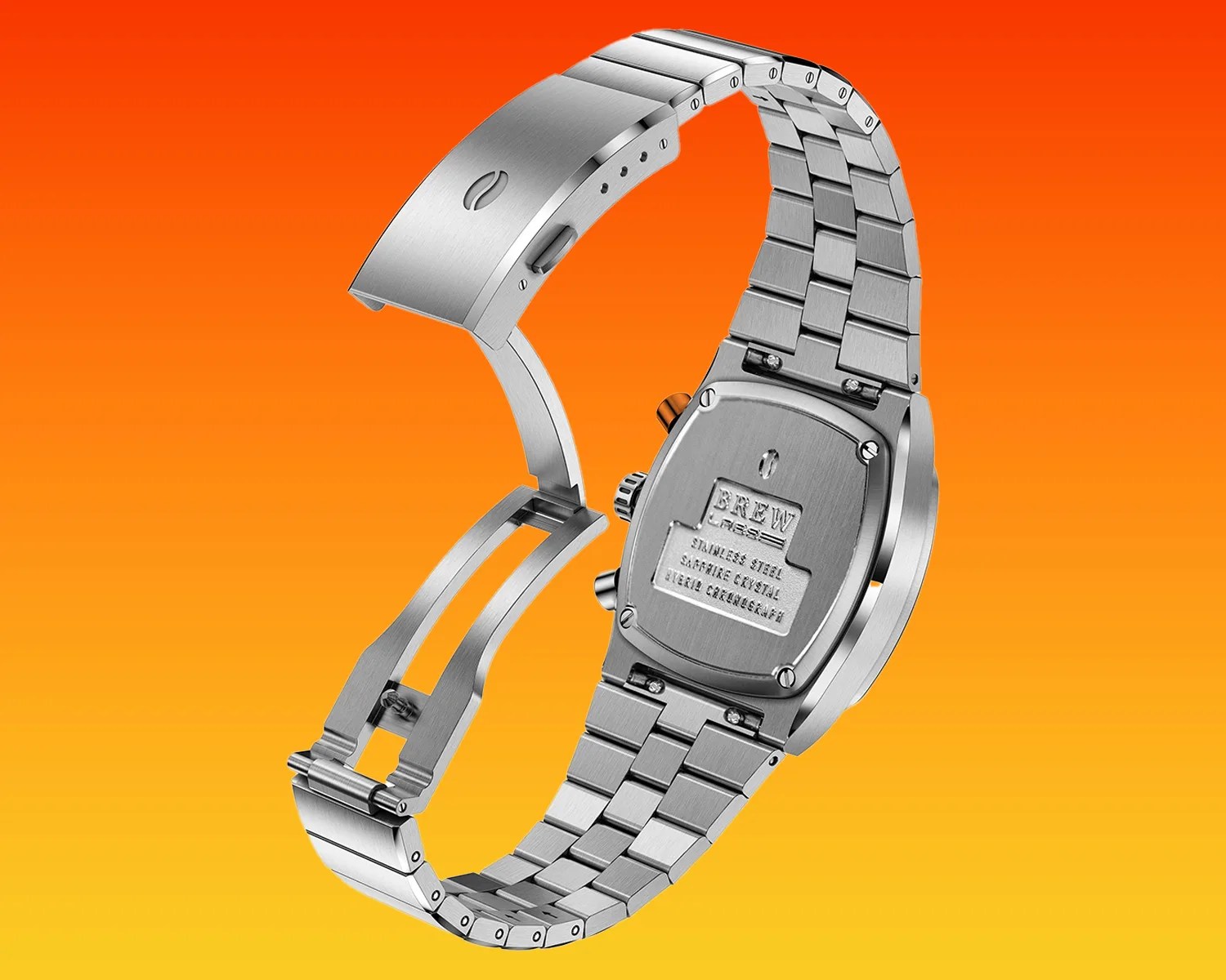 a brew watch seen from the back against an orange gradient background
