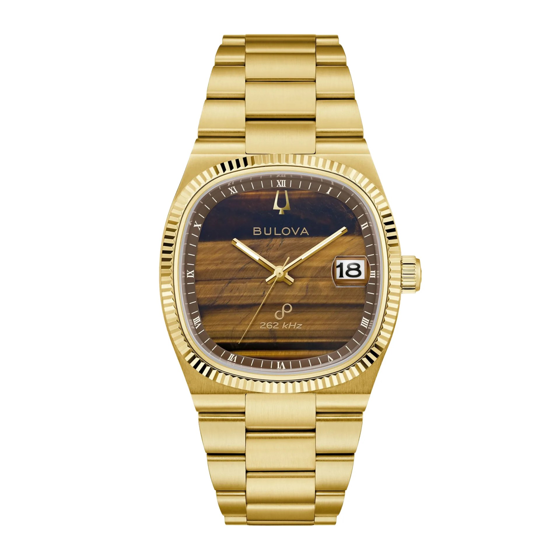 a gold bulova watch with a stone dial