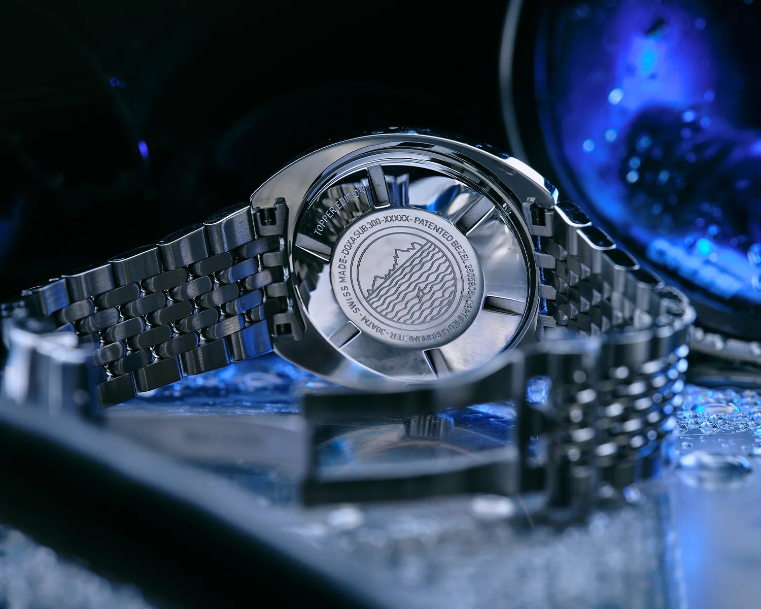 a doxa watch seen from behind