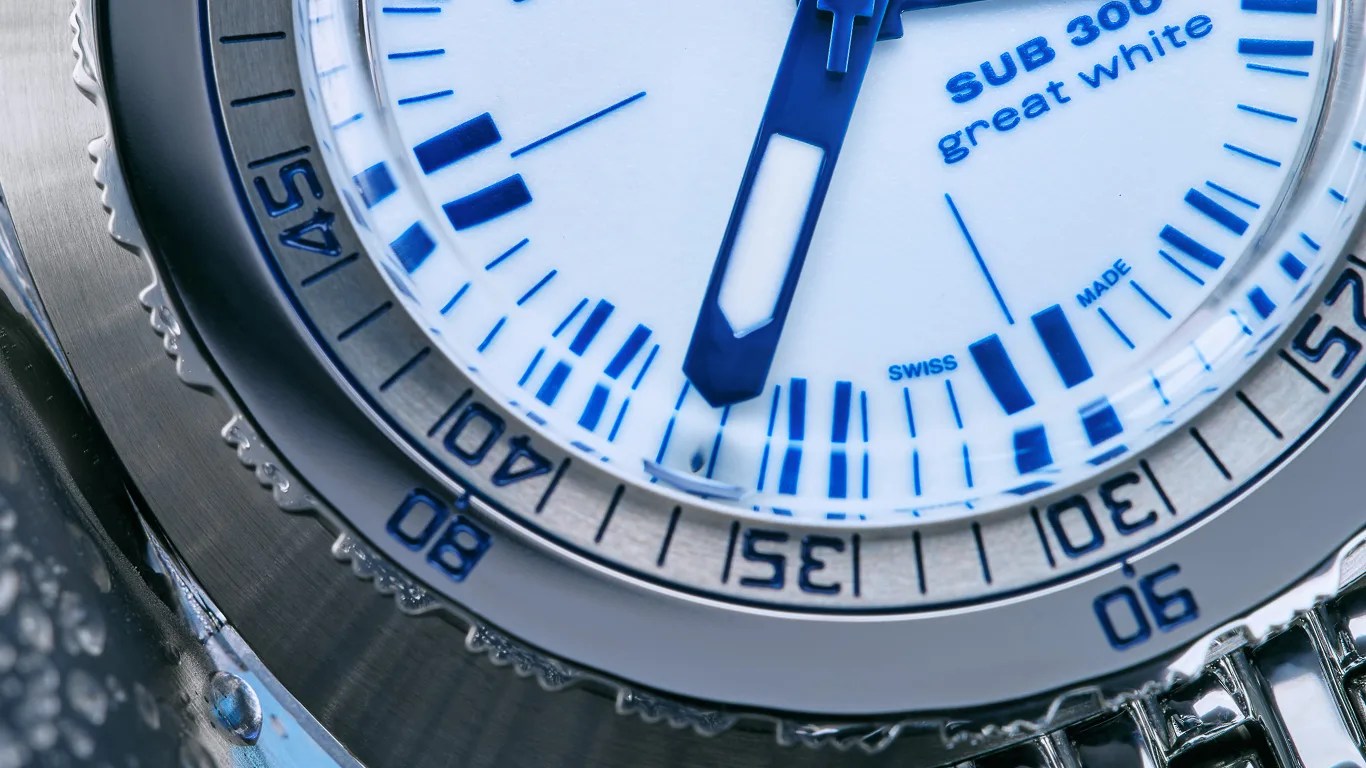 closeup of a white doxa dive watch dial