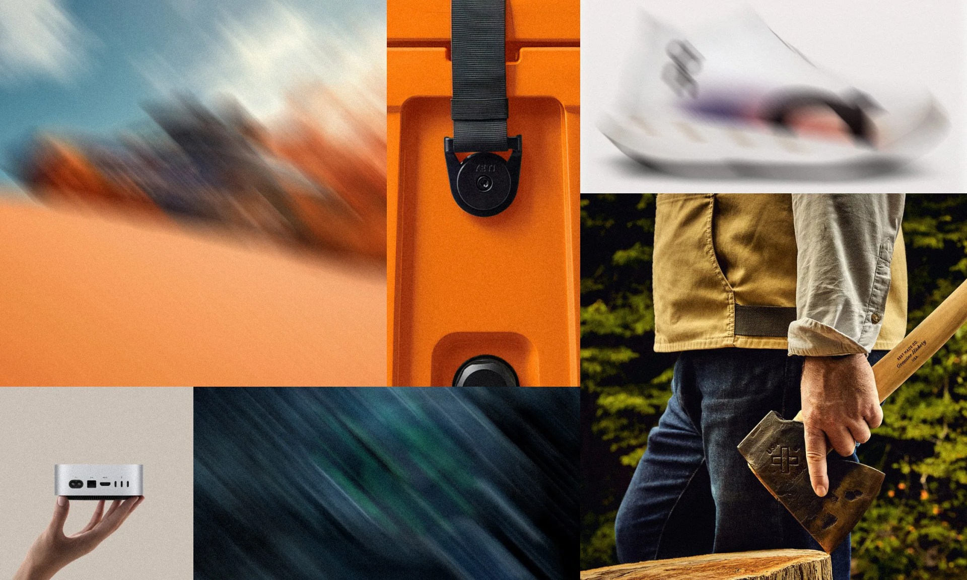 collage of products including a computer and axe