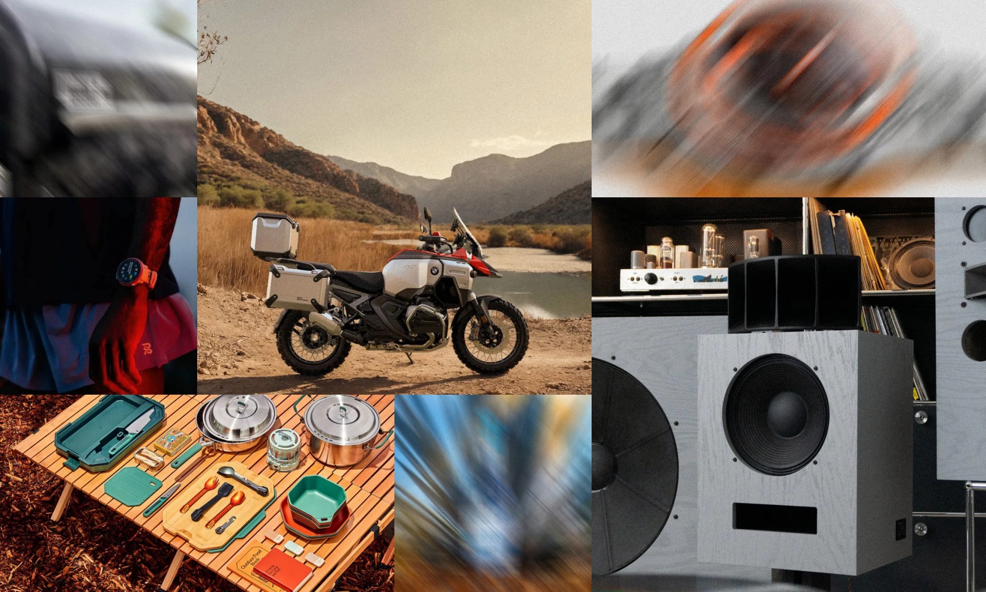 product collage of best products of 2024: grill, watches, motorcycle, camping gear, speakers