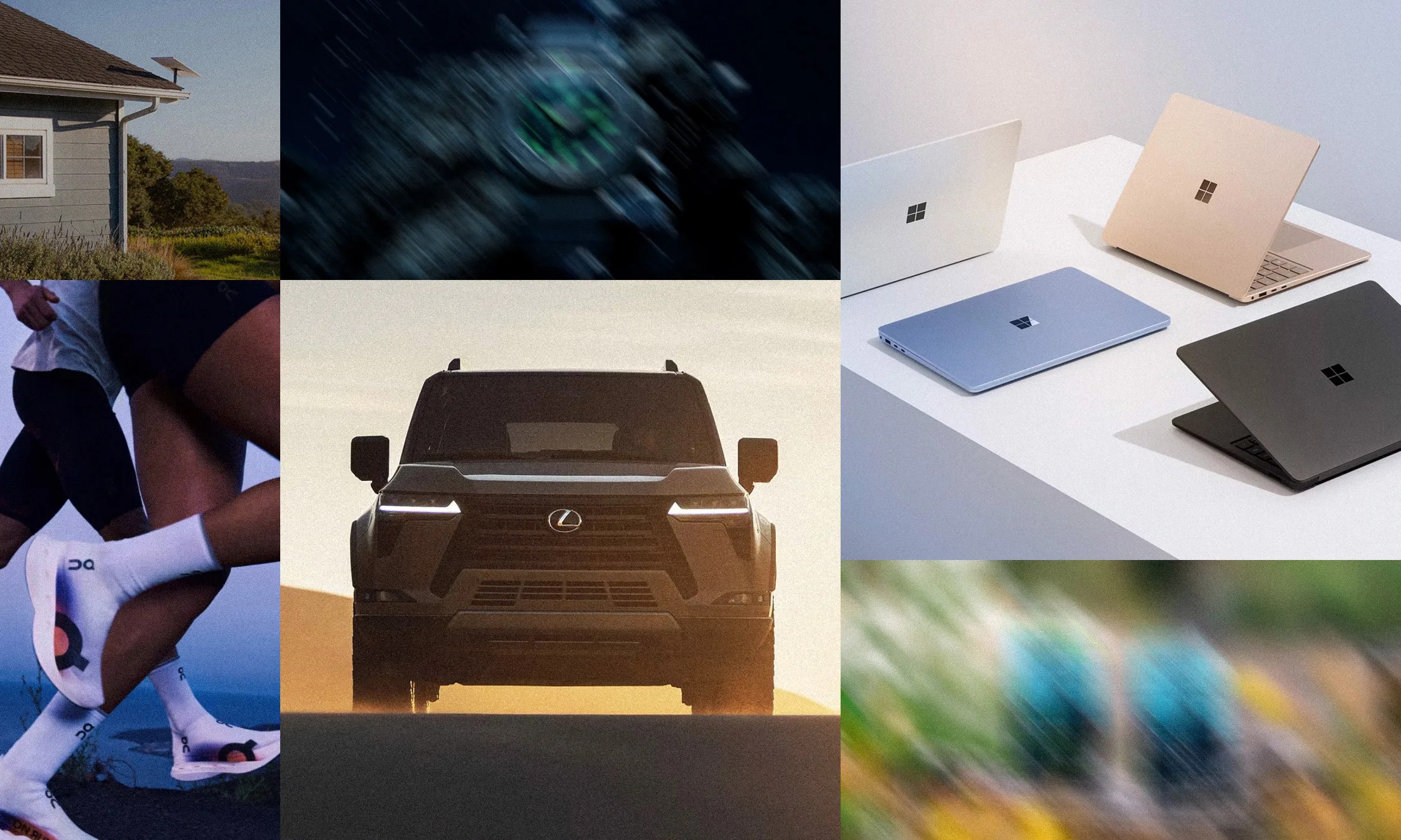 collage of products including a running shoes, watch, SUV, truck, computers