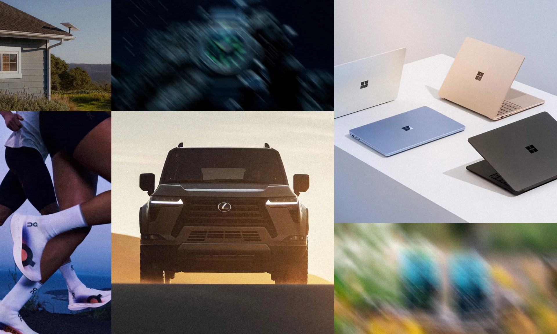 collage of products including a running shoes, watch, SUV, truck, computers