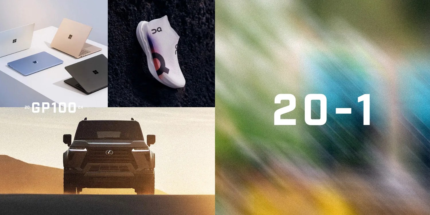collage of products including a running shoes, SUV, truck, computers