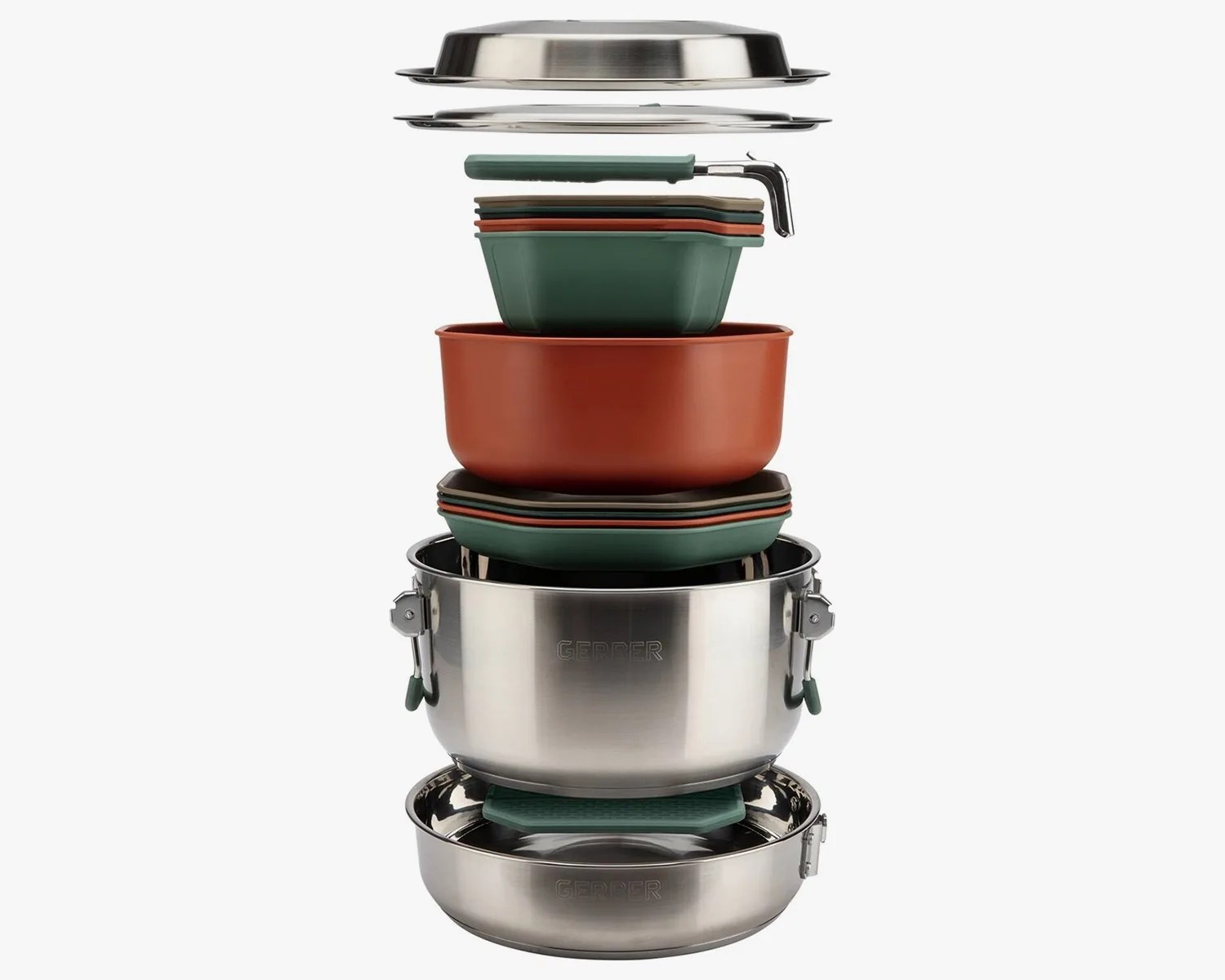 For cooking, you get two generously sized stalwarts: a stainless steel stock pot and sauté pan (with detachable handle), featuring 3-ply base construction for even heat distribution, preserved by a slim lid and basting dome lid.
gerber compleat cook set nesting