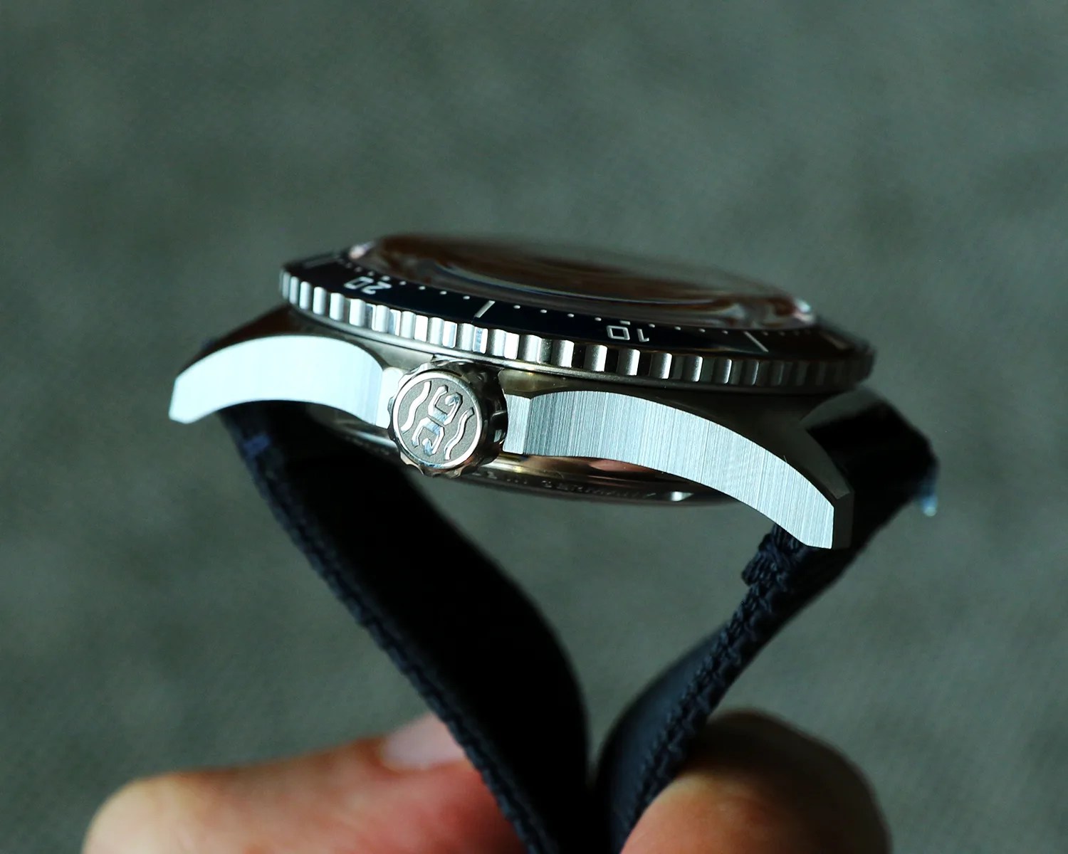 a glashutte original dive watch viewed from the side of the case