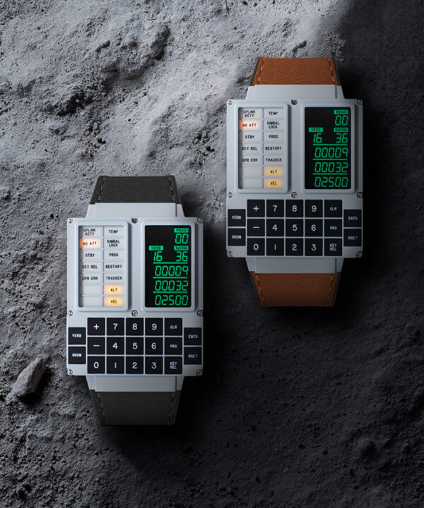 Two Apollo Instruments DSKY Moonwatchs shown against a lunar background. One features a black strap. the watch next to it on the right features a brown watch strap. 