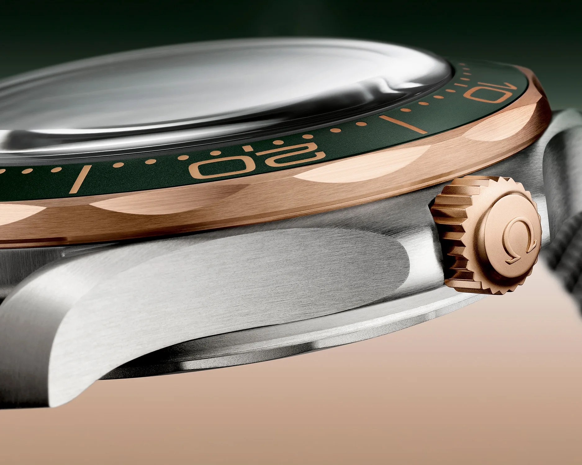 a closeup of an omega seamaster dive watch seen from the side