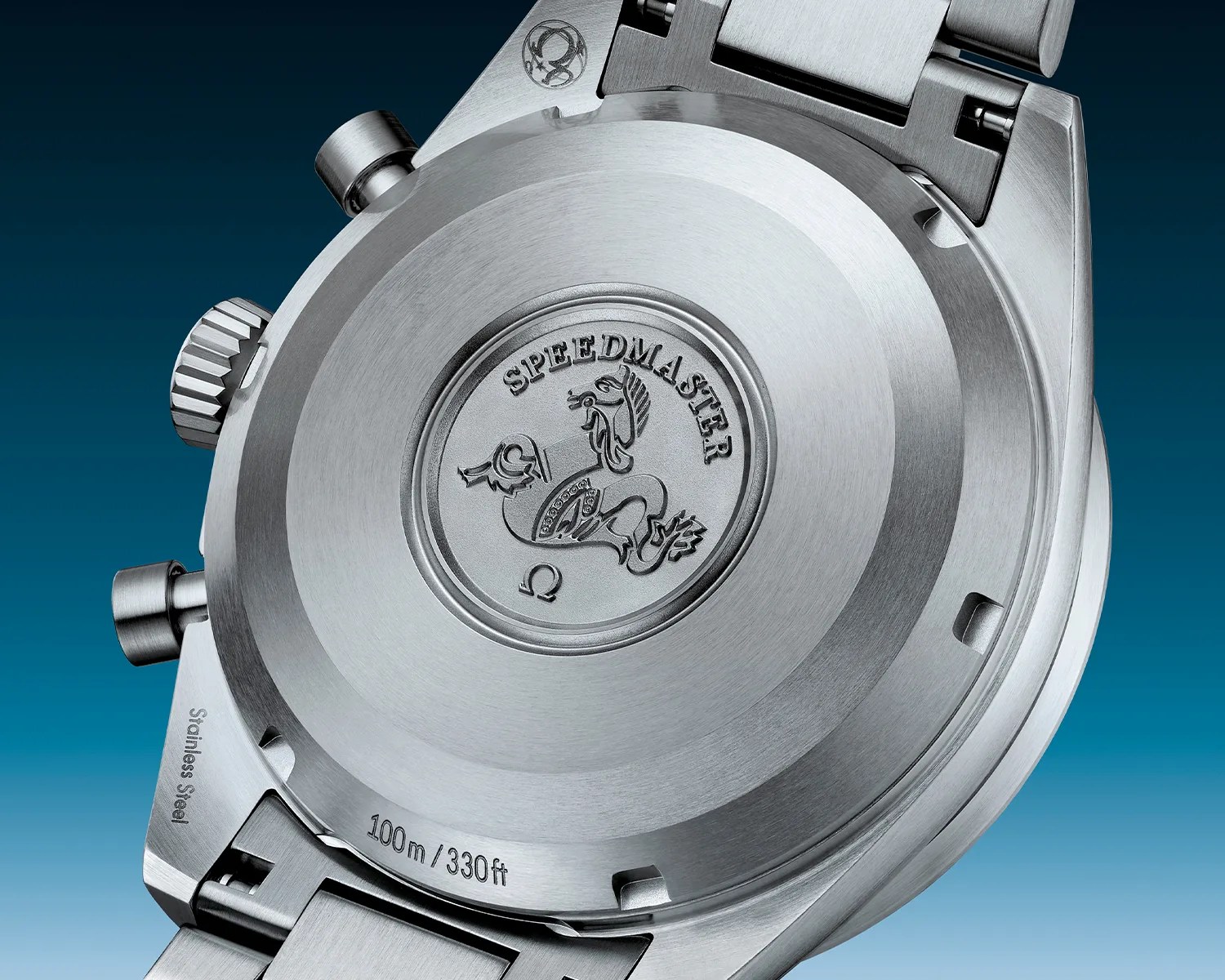 the caseback of an omega speedmaster watch