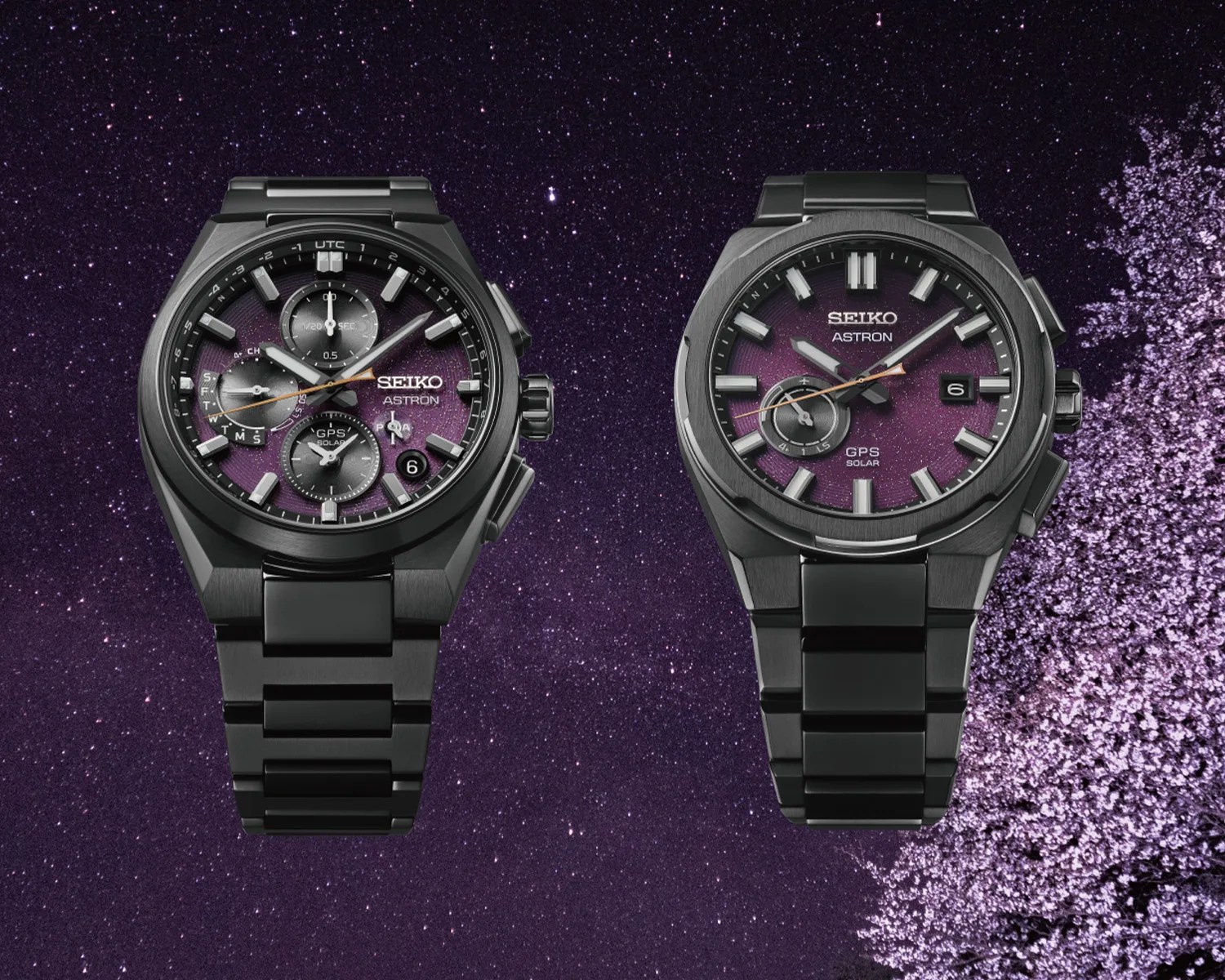 two purple and black seiko watches superimposed over a starry night sky and a cherry blossom tree