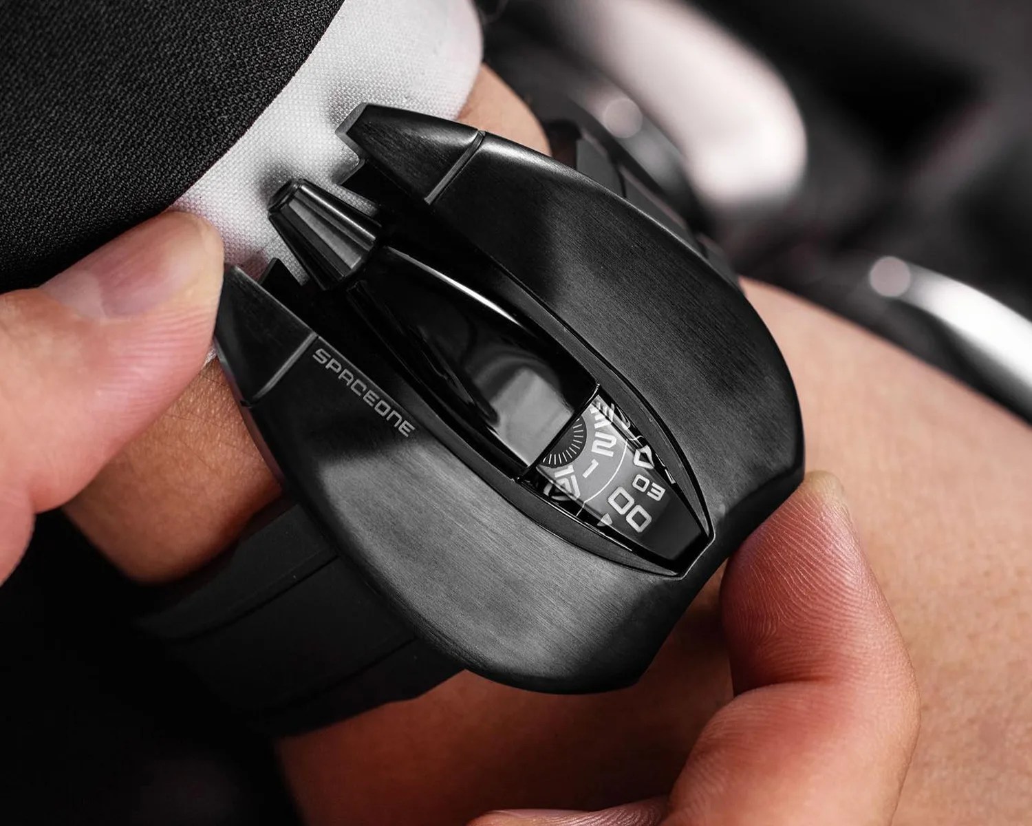 a spaceone watch on a mans wrist