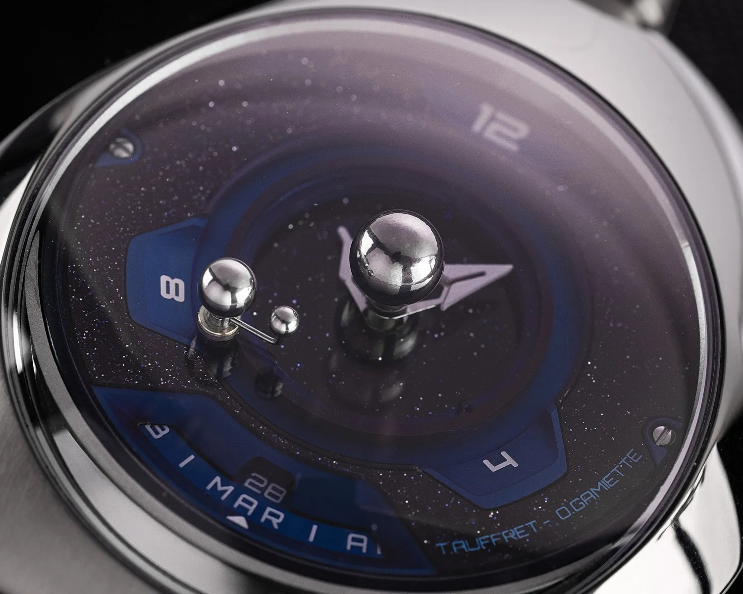a closeup of a spaceone tellurium watch dial