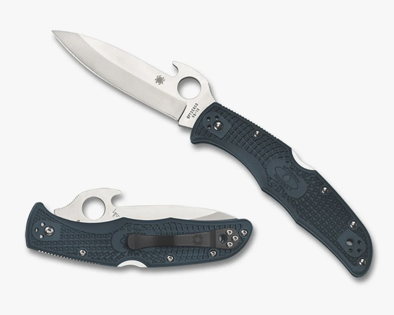 Two Spyderco Endura Emerson knives on gray background