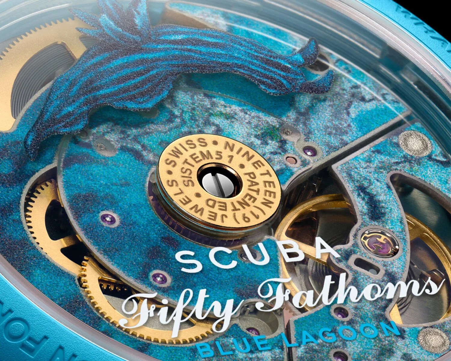 a closeup of a swatch x blancpain watch movement viewed through a display caseback