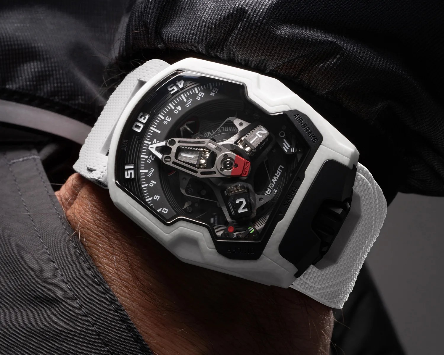an urwerk ceramic watch on a mans wrist