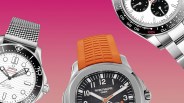 a rolex omega and patek watch against a gradient background