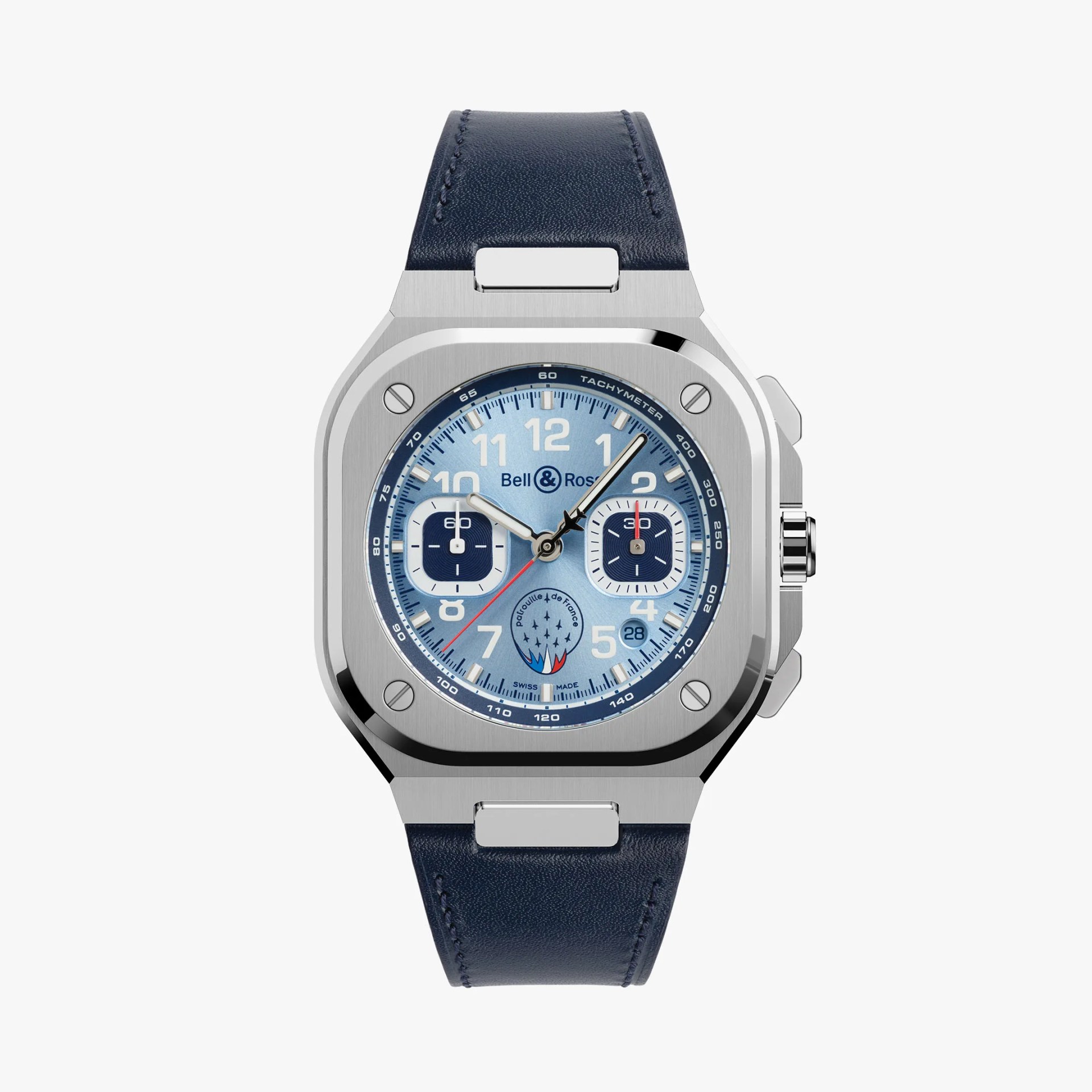 a steel watch with a blue band