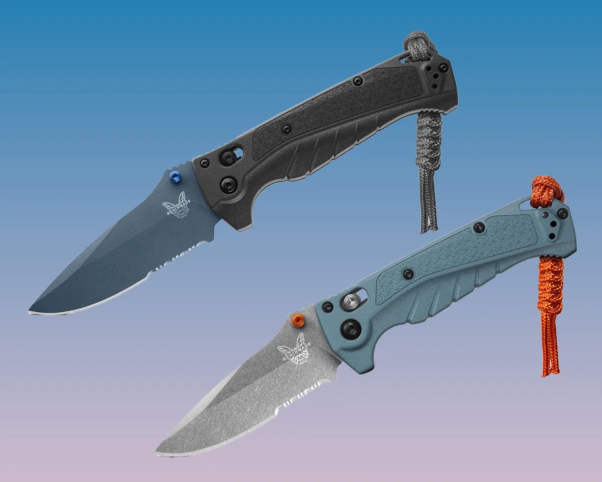 Benchmade Water Line Serrated Knives on blue-pink gradient background