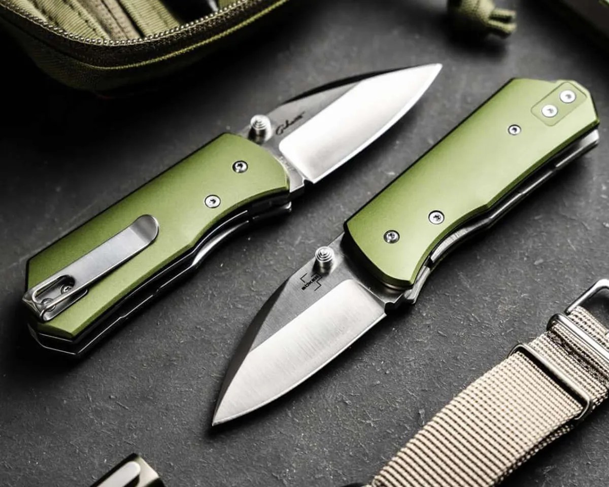 two Böker Plus Lefti knives sitting on their sides on gray counter next to watch strap and EDC bag