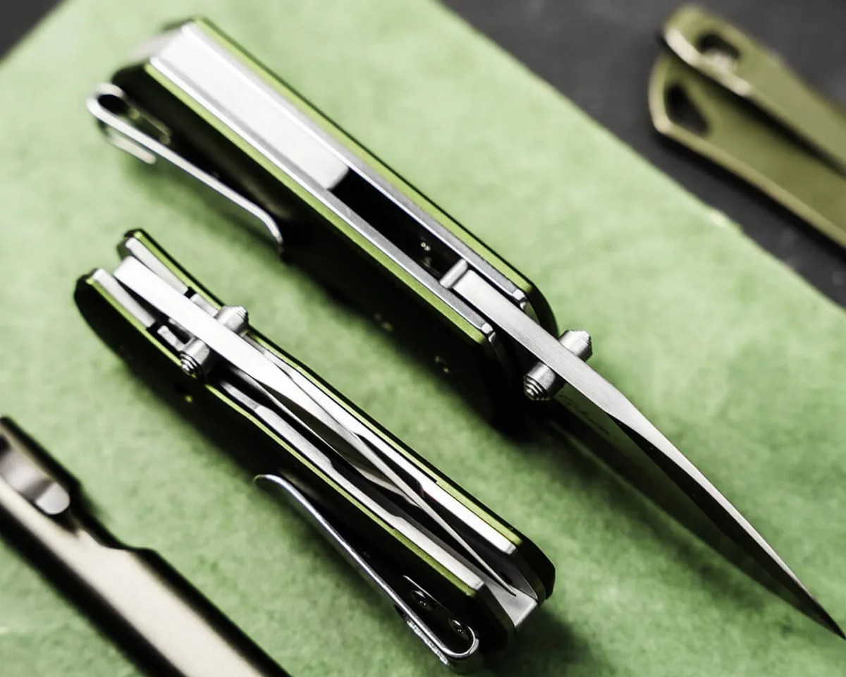 two Böker Plus Lefti knives sitting on their sides on green desktop