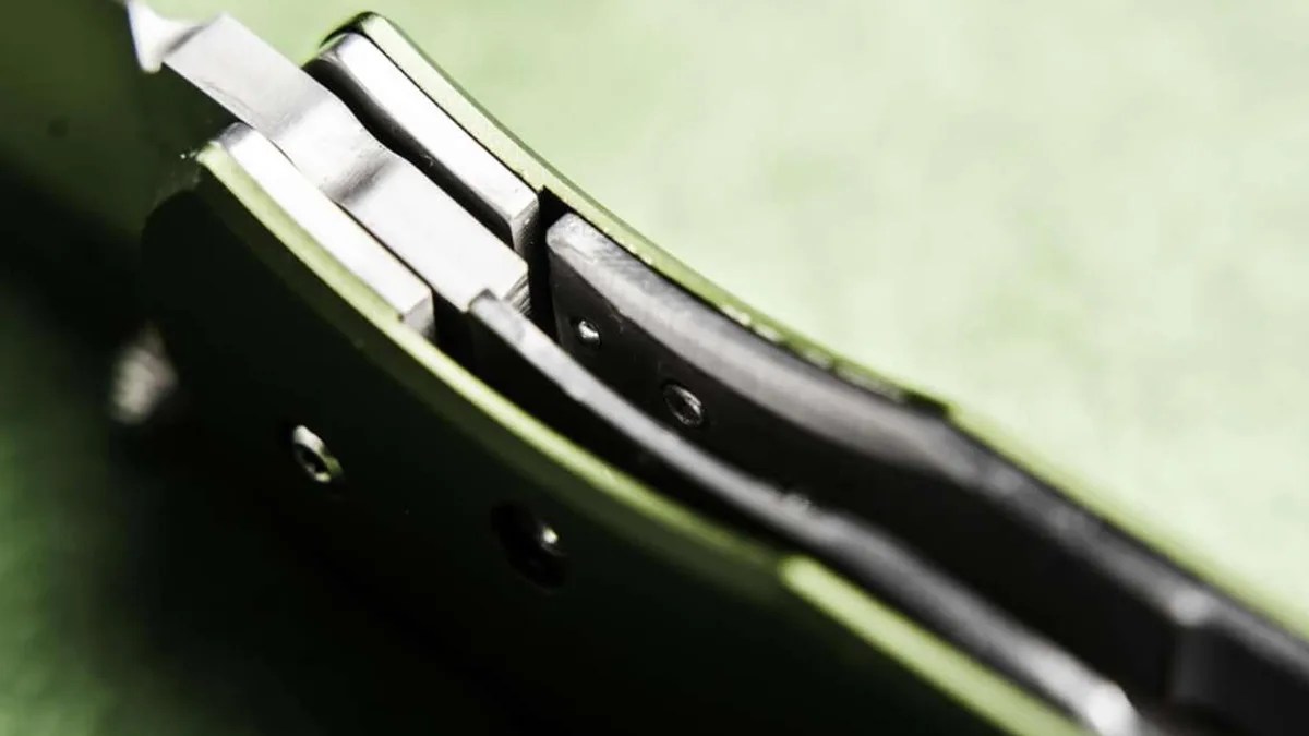 Closeup of Böker Plus Lefti knife locking mechanism