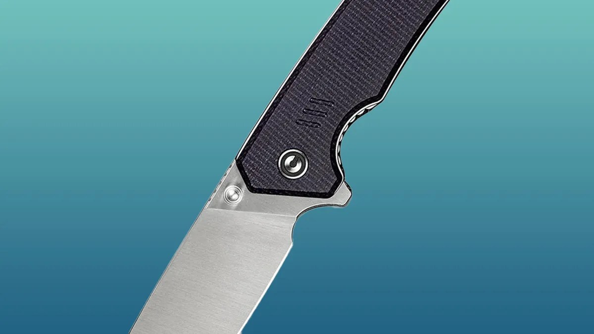 Closeup of Civivi Merit knife pivot on blue gradient background