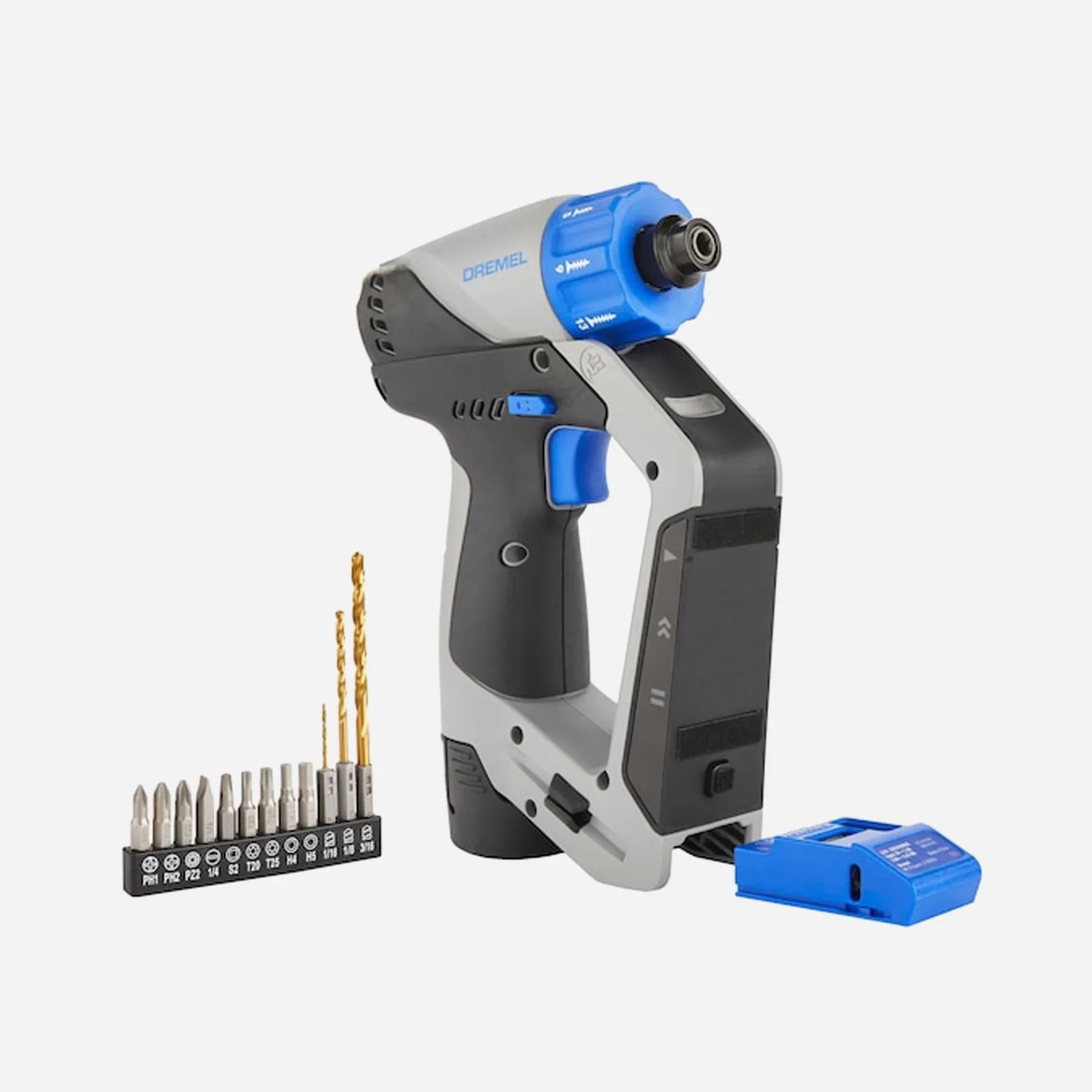 The Dremel Blueprint Multi-Drill shown alongside it's included drill bits with the integrate laser level pulled on. All of the products are shown against a light grey background. 