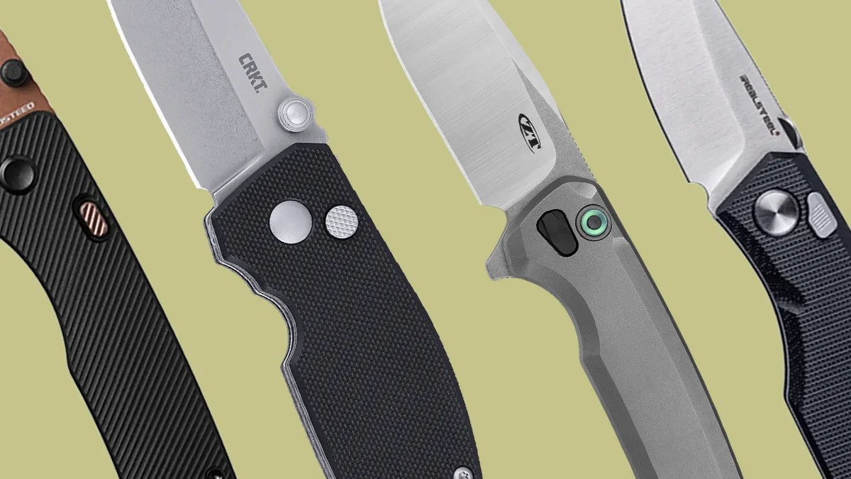 Several button lock knives on yellow-green background