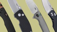 Several button lock knives on yellow-green background