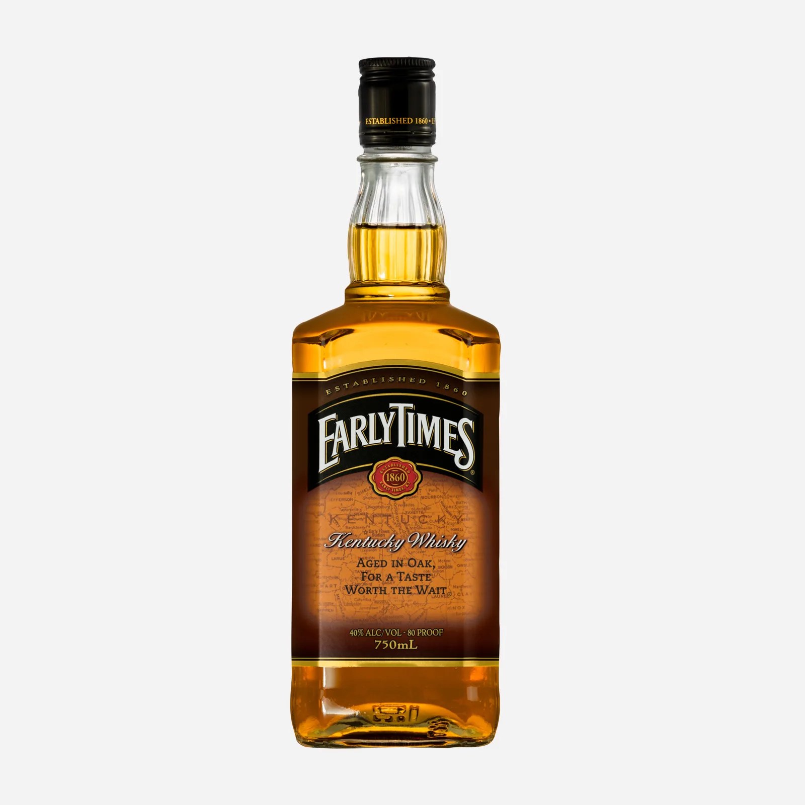 A bottle of early times bourbon on a light grey background